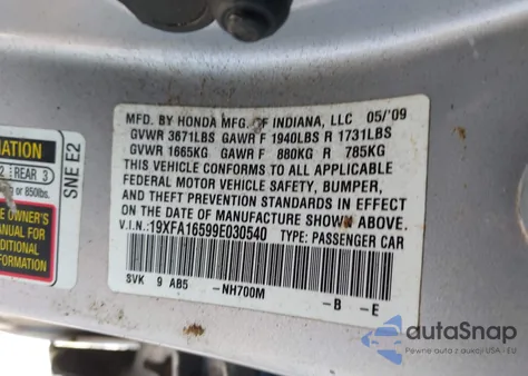 2009 Honda Civic Lx z USA, uszkodzony, nr VIN 19XFA16599E030540